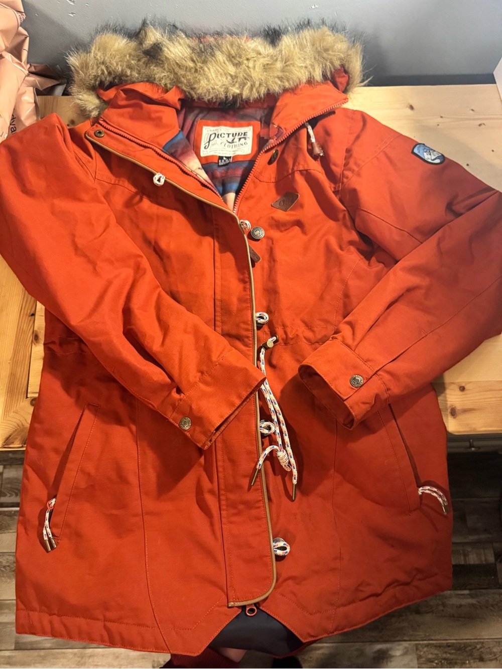 Picture clothing Orange Hooded Parka Jacket with Fur Trim ORGANIC